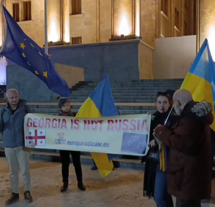 Вездесущие жовто-блакитные прапора уже около здания грузинского парламента