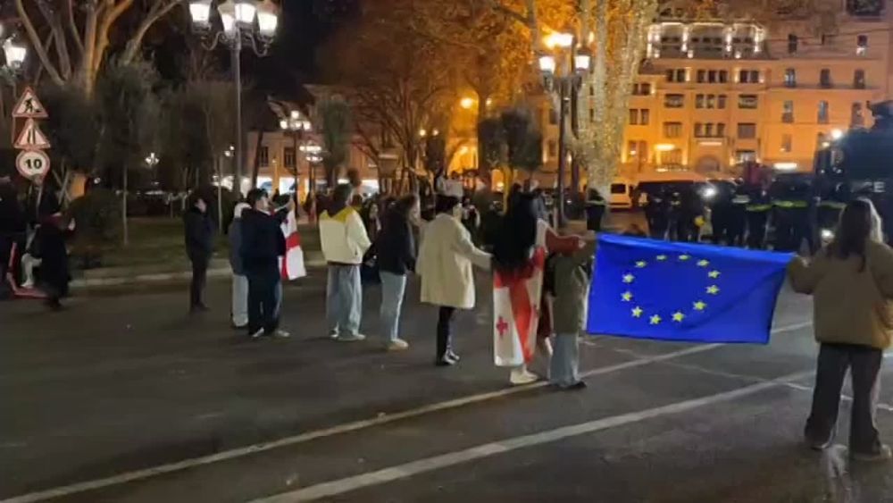 Протестующие в Тбилиси встали перед водометами прямо с детьми, сообщает корреспондент @SputnikGeorgia